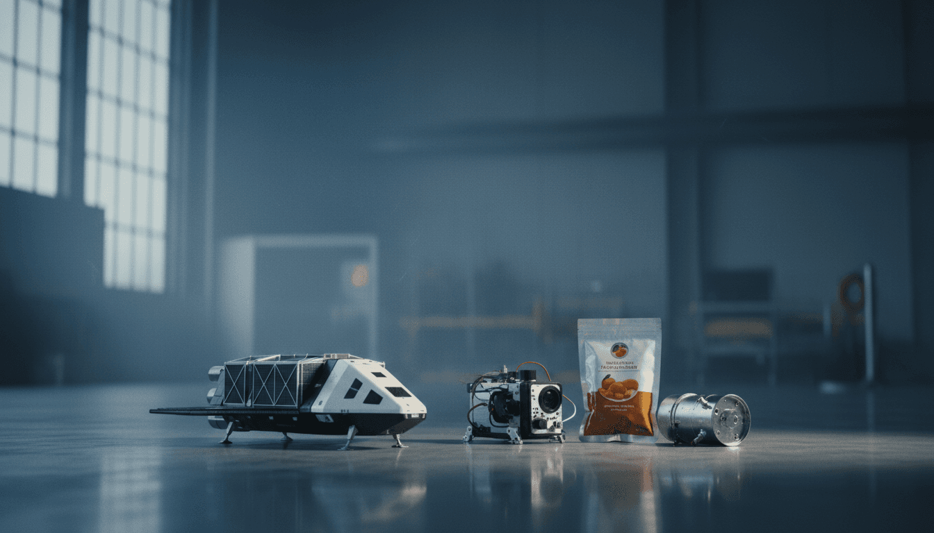 A detailed still life composition featuring a miniature SpaceX Dragon cargo ship model, scientific instruments, and astronaut food packets, symbolizing the SpaceX launches cargo ship mission.