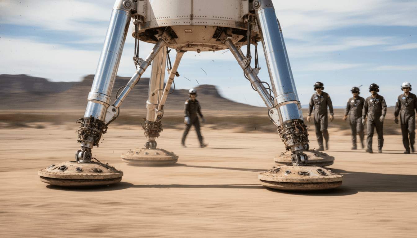 Close-up of the charred landing legs of a Blue Origin New Shepard rocket, recently returned from a historic rocket landing, with dust still clinging to the metallic surfaces.