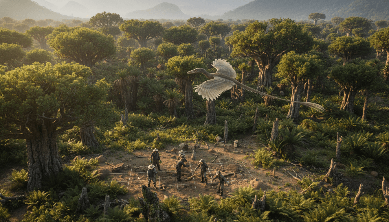 An artist's rendition of the new Microraptor species, Jianchangmaensis, gliding through an ancient forest canopy with its distinctive four wings.