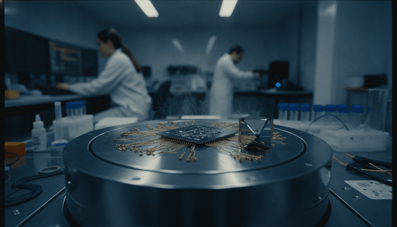 A detailed close-up of a cryogenic neuromorphic chip, possibly under a microscope, with subtle hints of frosty conditions or integrated into a quantum computing apparatus.