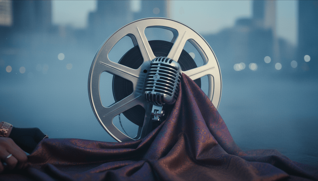 A close-up detail of a vintage film reel intertwined with a delicate microphone and a piece of shimmering fabric, symbolizing the album title 'Music, Fashion, Film' as Charli XCX announces seventh studio album.