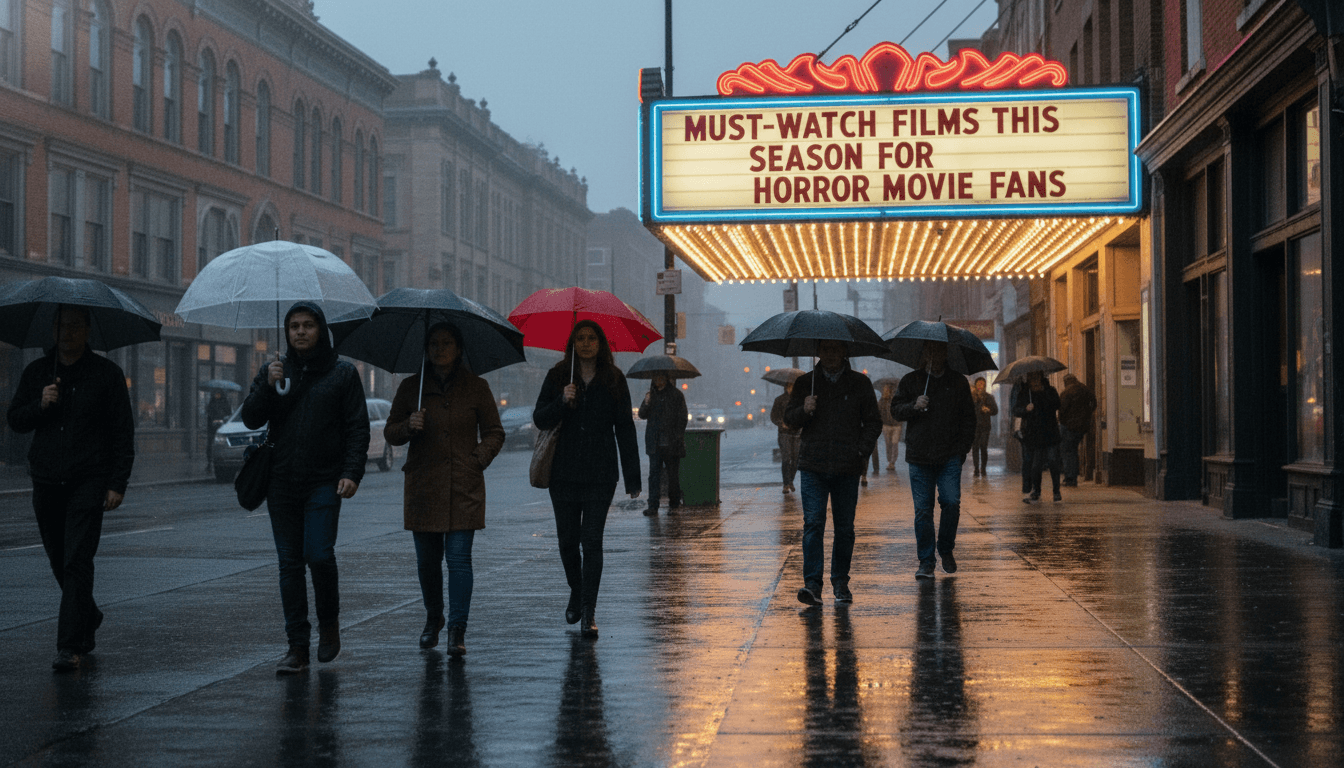 A movie marquee displays 'Must-Watch Films This Season for Horror Movie Fans' in glowing red letters against a dark, rainy city street.