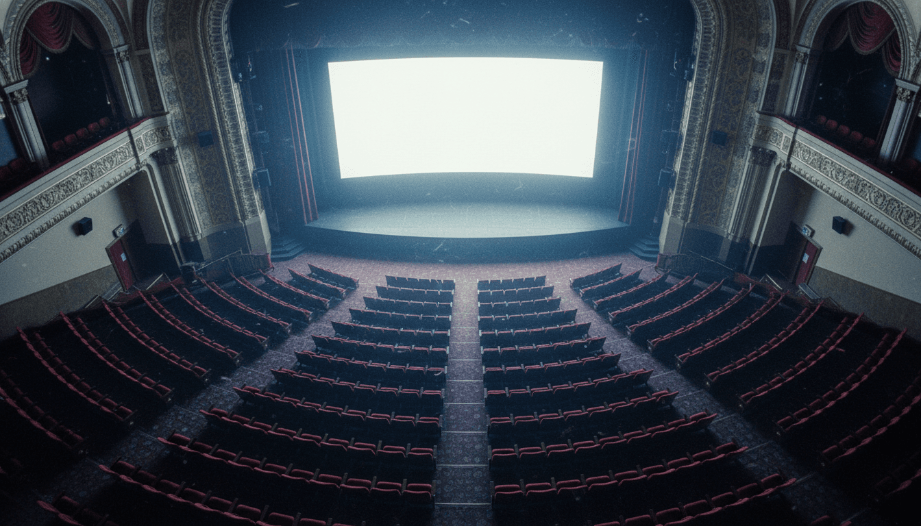 A dimly lit, empty movie theater with a faint glow emanating from the screen, symbolizing the anticipation of new 2026 summer premiere dates.