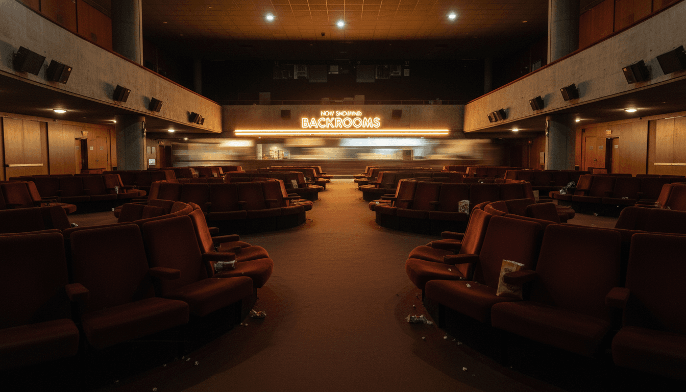An empty, dimly lit movie theater lobby after hours, showcasing the quiet triumph of the Backrooms North America Box Office success.