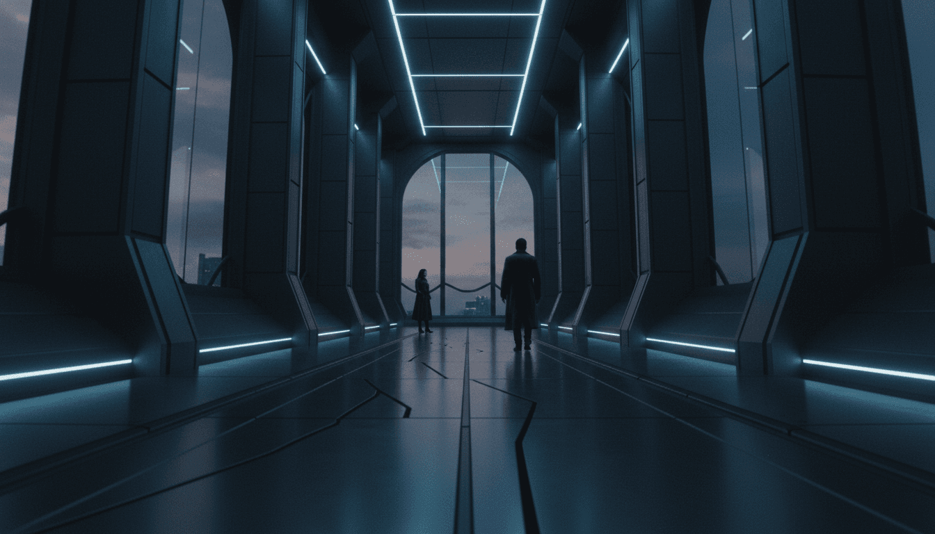 Din Djarin (Pedro Pascal) and Grogu, central to Lucasfilm's Mandalorian box office bet, standing in a dimly lit, futuristic corridor.