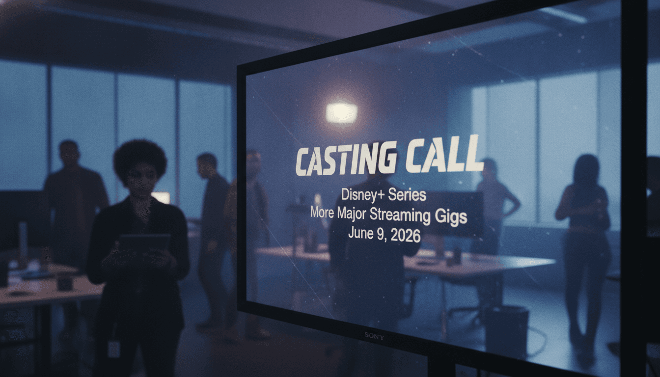 A close-up of a casting call notice for a Disney+ series, prominently displayed on a digital screen, with blurred faces of hopeful actors in the background, subtly hinting at the competitive nature of the industry and the allure of major streaming gigs.