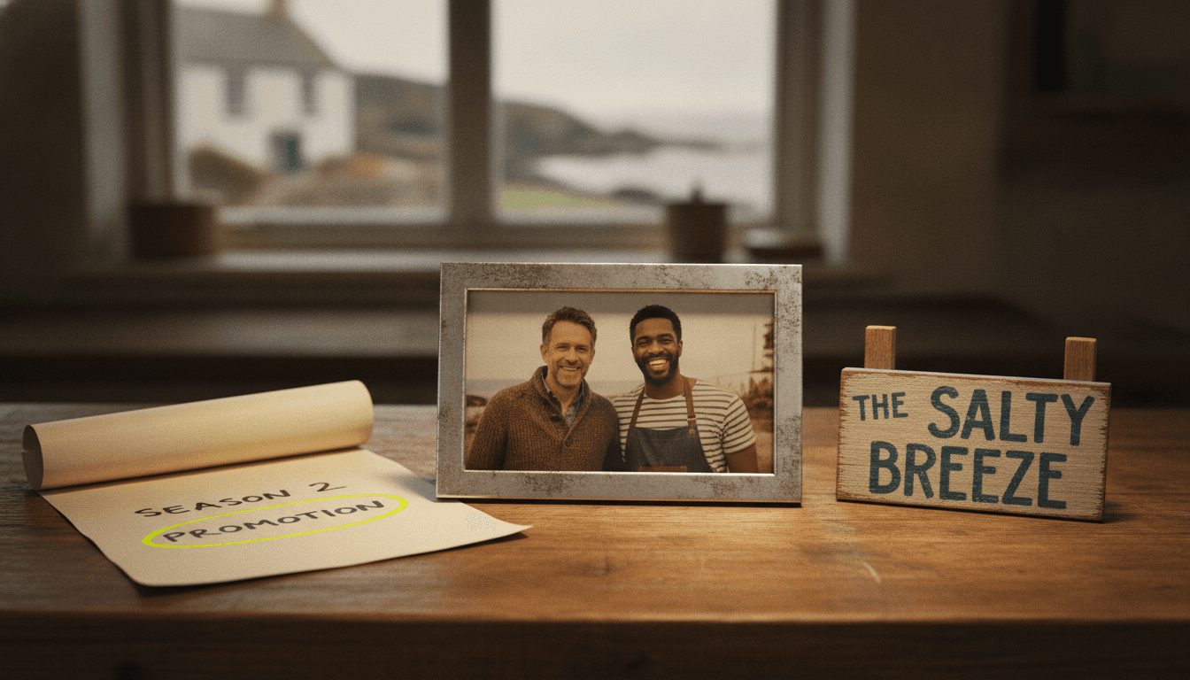 A still life composition featuring a framed photo of Stephen Spinella and Jason Veasey as Greg and George from 'Best Medicine', alongside a small, ornate sign reading 'The Salty Breeze' and a script page with 'Season 2' highlighted, all resting on a wooden countertop.