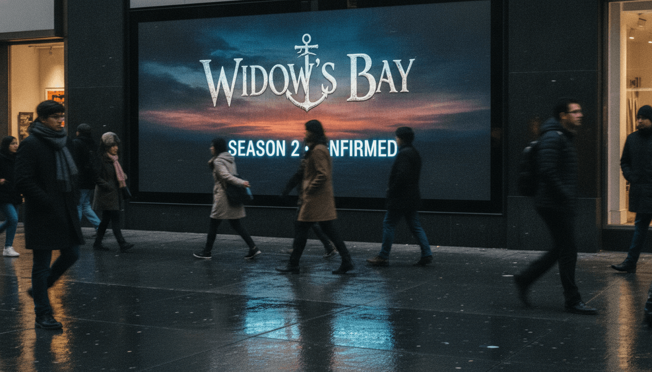 A street-level shot of a bustling Apple TV+ billboard prominently featuring the title 'Widow's Bay' and announcing 'Season 2 Confirmed'.