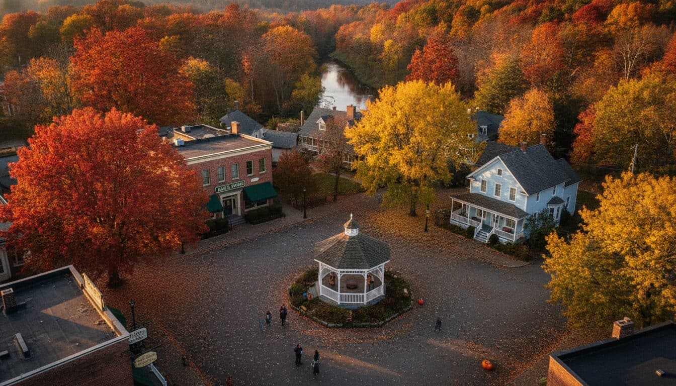 An aerial view of the fictional town of Stars Hollow, where 'Gilmore Girls' is set, with a subtle overlay of the Netflix logo, representing the Gilmore Girls streaming update.
