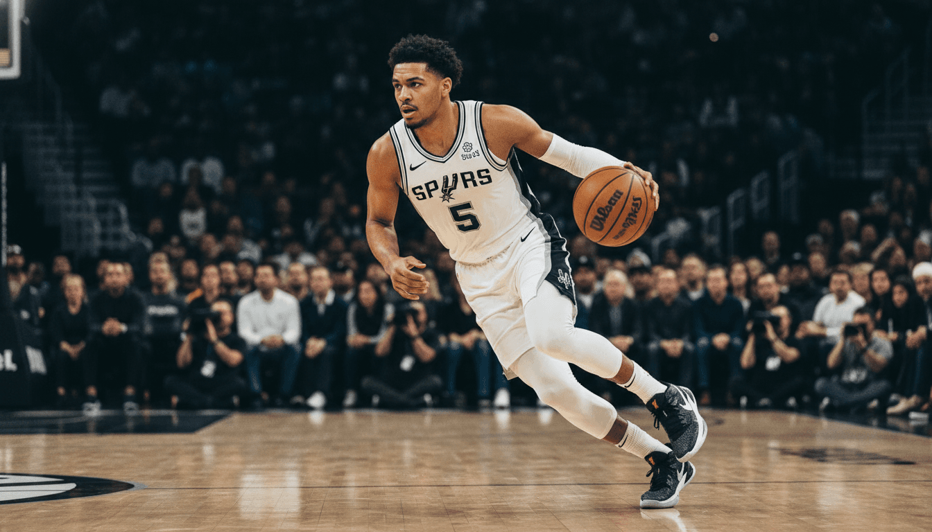 De'Aaron Fox in a San Antonio Spurs uniform, mid-game, showcasing the Curry Fox 1, highlighting the De'Aaron Fox Spurs deal.