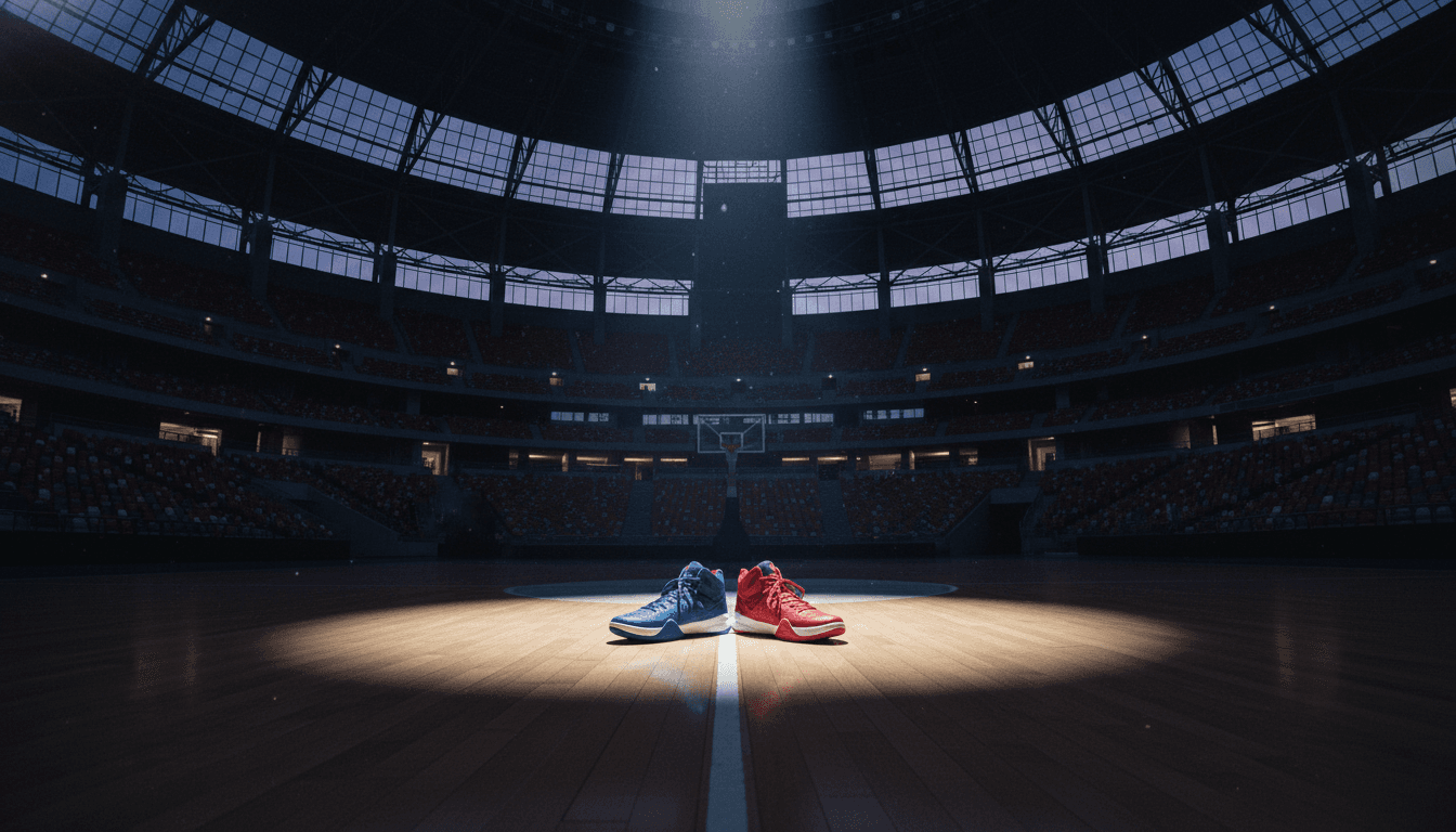 Empty basketball court at dawn, with a single spotlight illuminating a pair of Li-Ning sneakers, symbolizing Stephen Curry signs $400M Li-Ning deal.