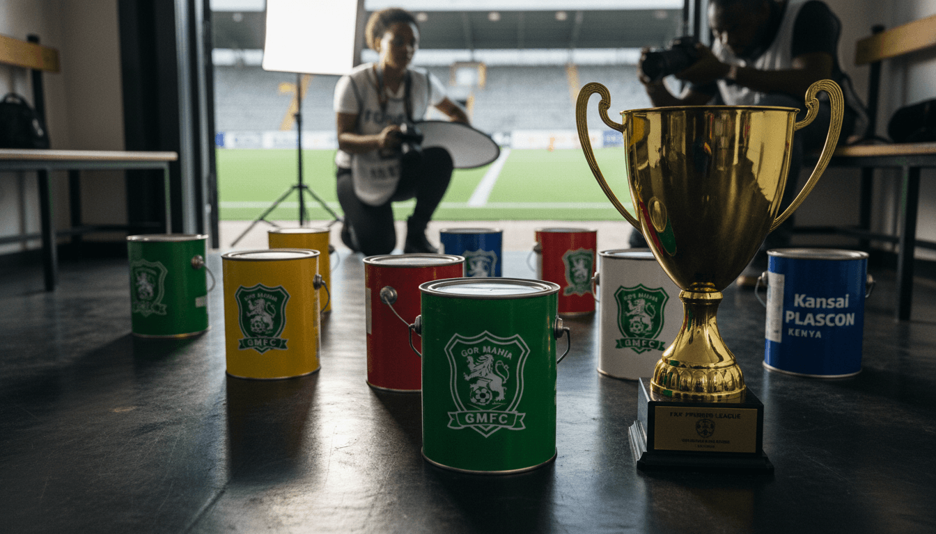A vibrant collection of paint cans from Kansai Plascon Kenya, one prominently featuring the Gor Mahia club logo, arranged alongside a replica of the FKF Premier League trophy on a polished wooden surface, symbolizing the Gor Mahia sponsorship deal.