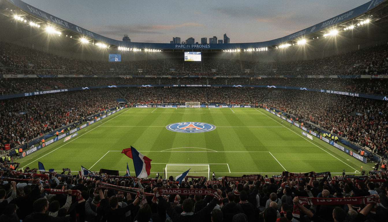 A wide shot of Parc des Princes stadium in Paris, home of PSG, under floodlights during a vibrant evening match, with the focus on the potential impact of a €150 million summer signing.