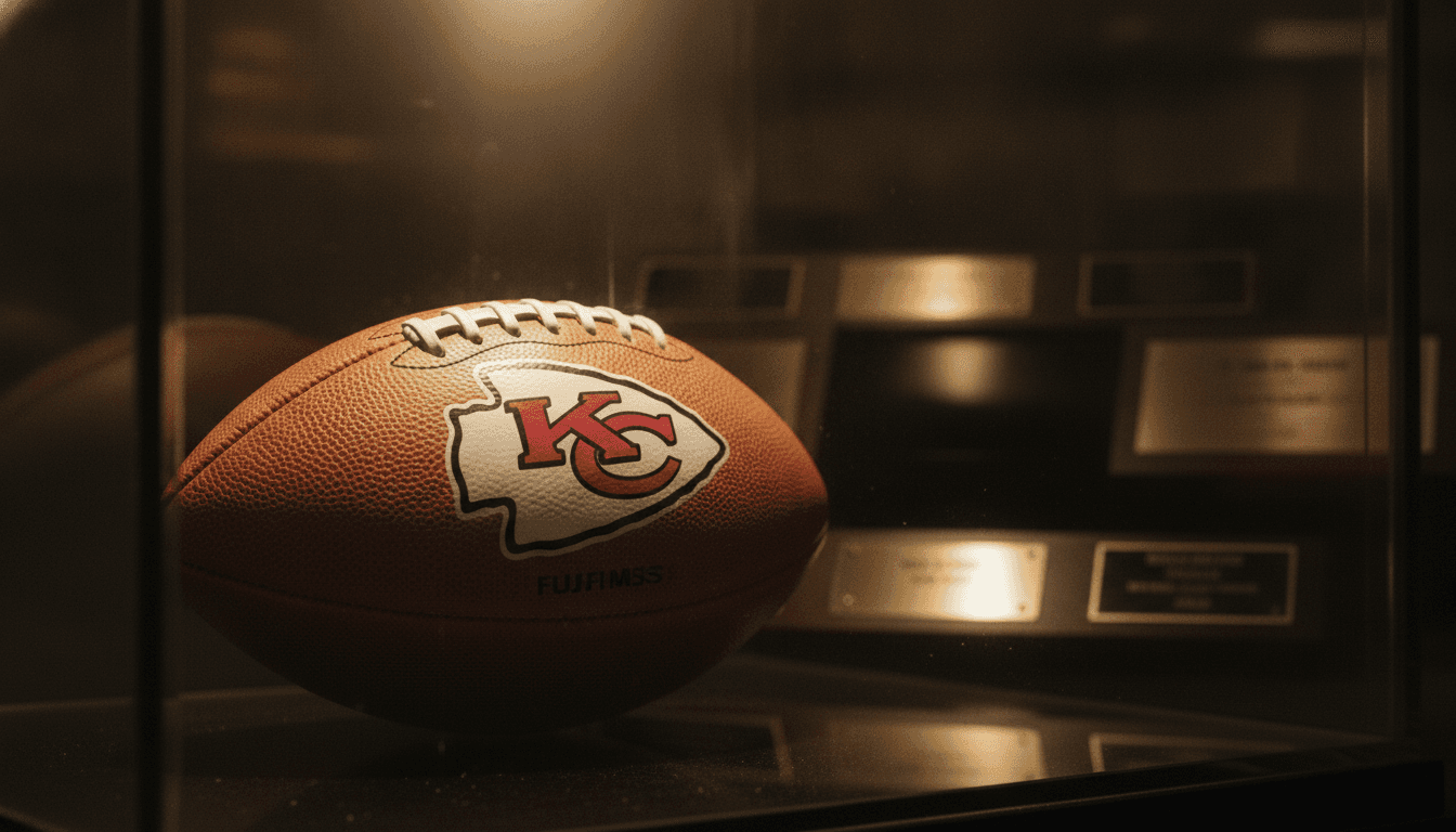 Close-up of a football with the Kansas City Chiefs logo, symbolizing the record Patrick Mahomes contract.