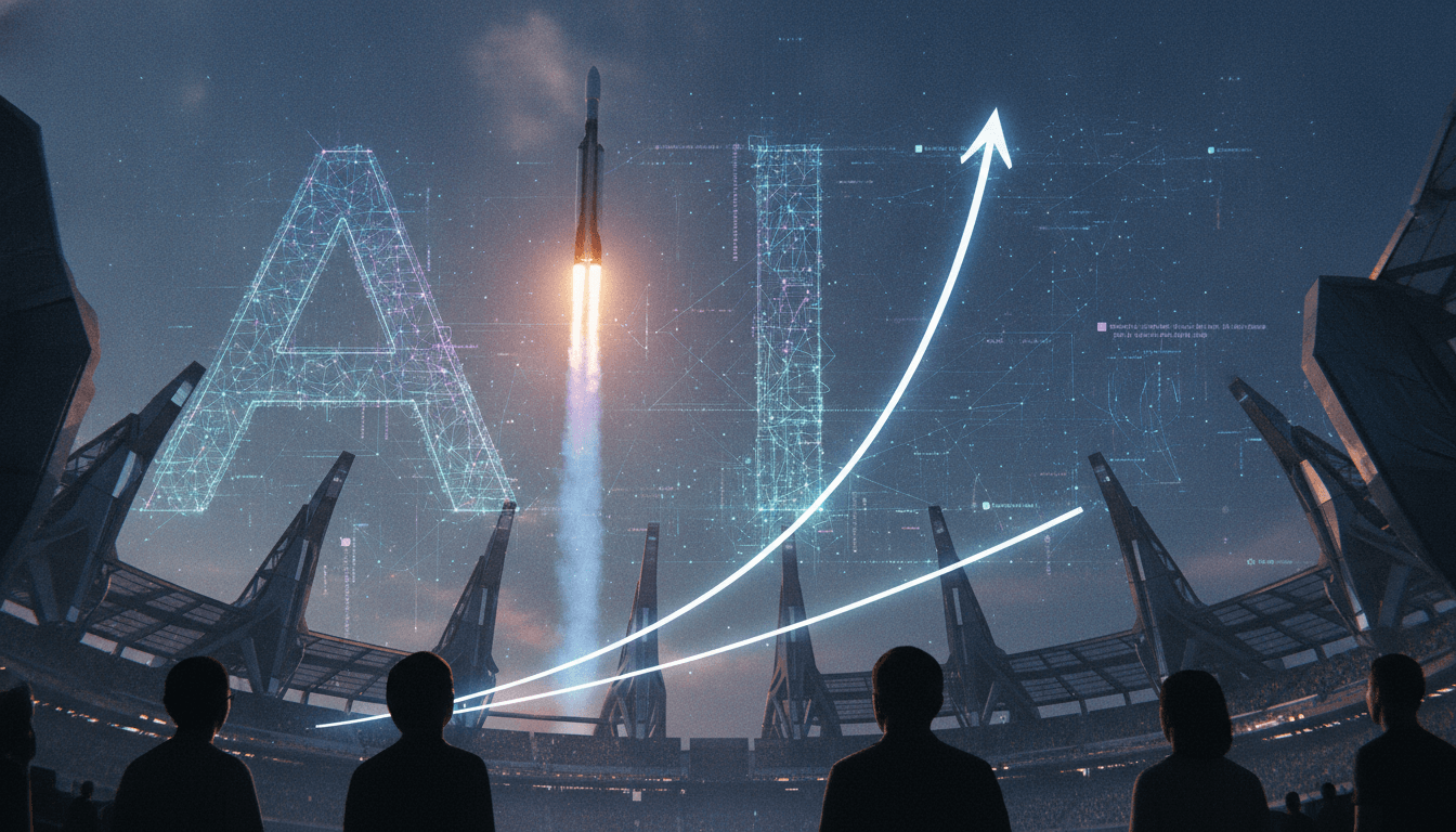 A conceptual image representing the SpaceX IPO valuation debate, showing a rocket launching towards a constellation of interconnected data points and a chart depicting diverging financial projections, with a prominent 'AI' symbol integrated into the network.