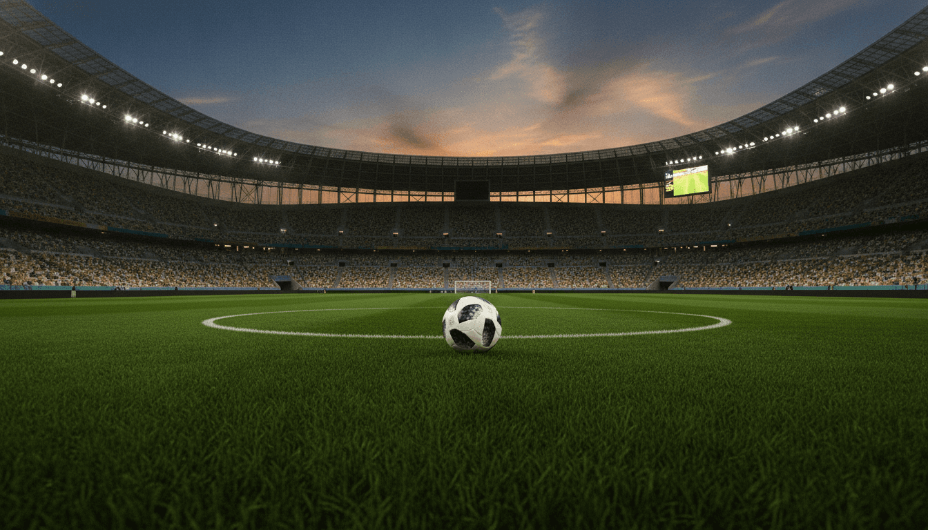 A vast, empty football stadium at dusk, illuminated by subtle floodlights, symbolizing the calm before the storm of a massive prediction market uplift.
