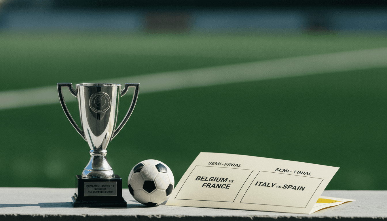 A close-up still life arrangement featuring a miniature replica of the UEFA Under-17 EURO trophy, alongside a small football and a match schedule printout for the UEFA Under-17 EURO semi-finals, set against a dark, textured background.