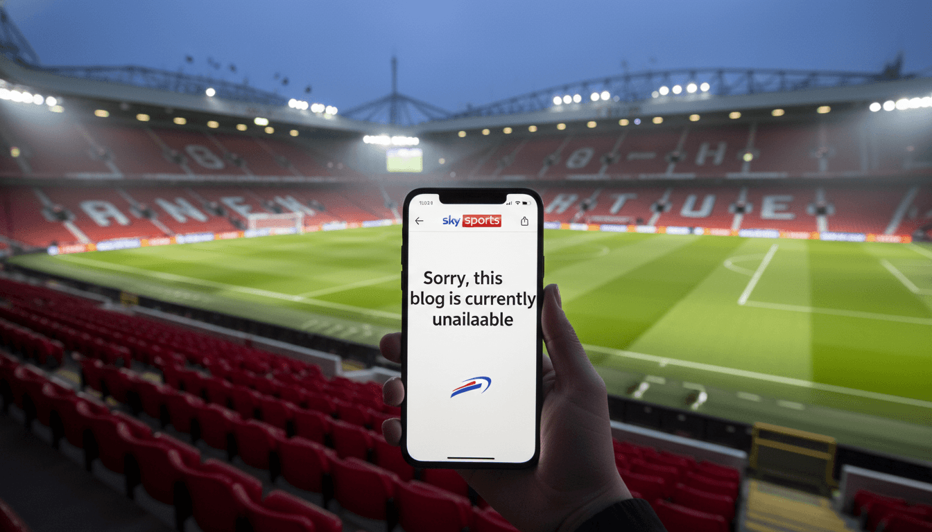 A close-up shot of a smartphone screen displaying a 'Sorry, this blog is currently unavailable' message from Sky Sports, with a blurred football stadium background, symbolizing the disruption of Liverpool transfer updates.