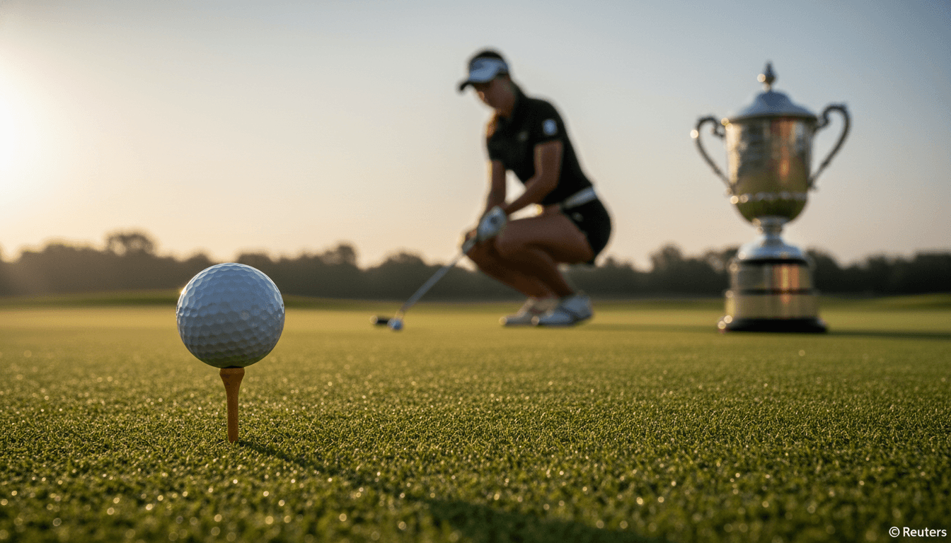 A golf ball poised on a tee against a backdrop of blurred golfers and a championship trophy, symbolizing the NCAA Men's Golf Championship semifinals.
