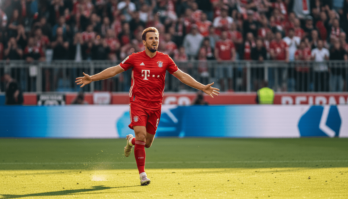 Harry Kane in a Bayern Munich kit celebrating a goal, highlighting a potential Harry Kane Premier League return