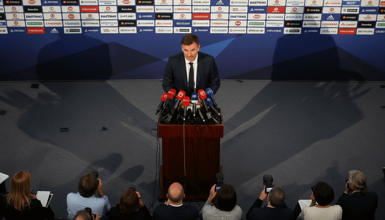 France manager Didier Deschamps speaks at a press conference, confirming William Saliba is 'fine' for World Cup participation.