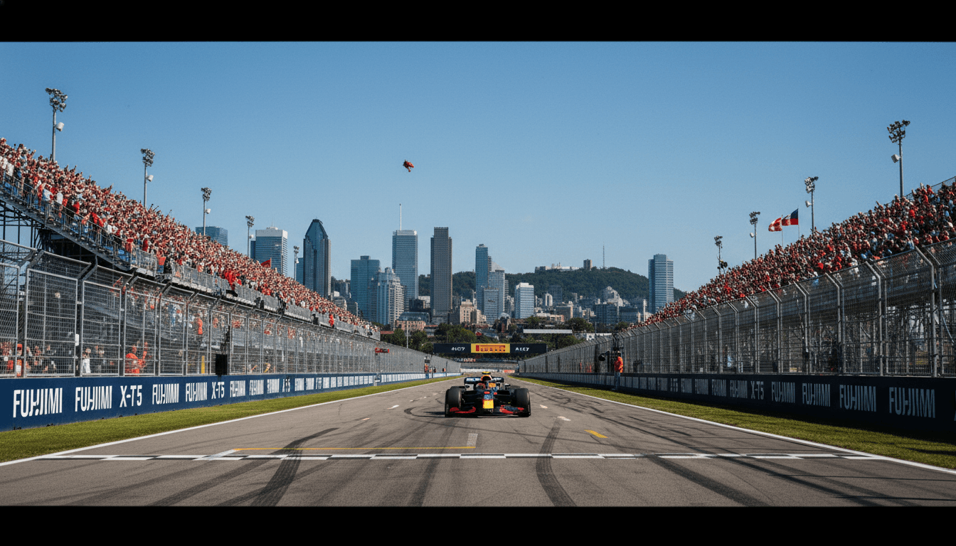 Max Verstappen's Red Bull Ford Powertrains car on the podium at the Circuit Gilles Villeneuve after achieving their first podium finish.