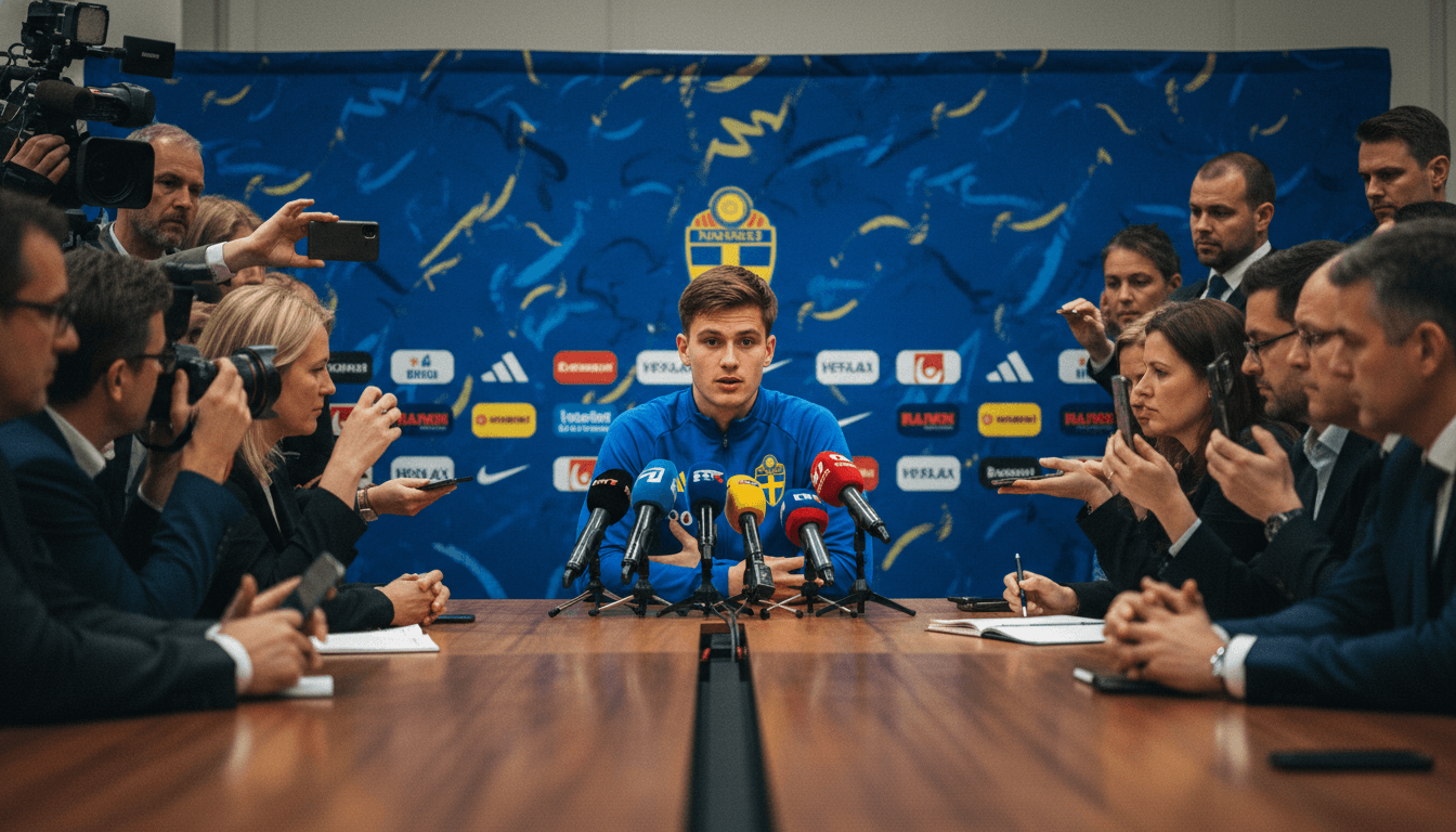 Benjamin Nygren hints at Celtic transfer exit during a press conference for the Swedish national team, holding a microphone.
