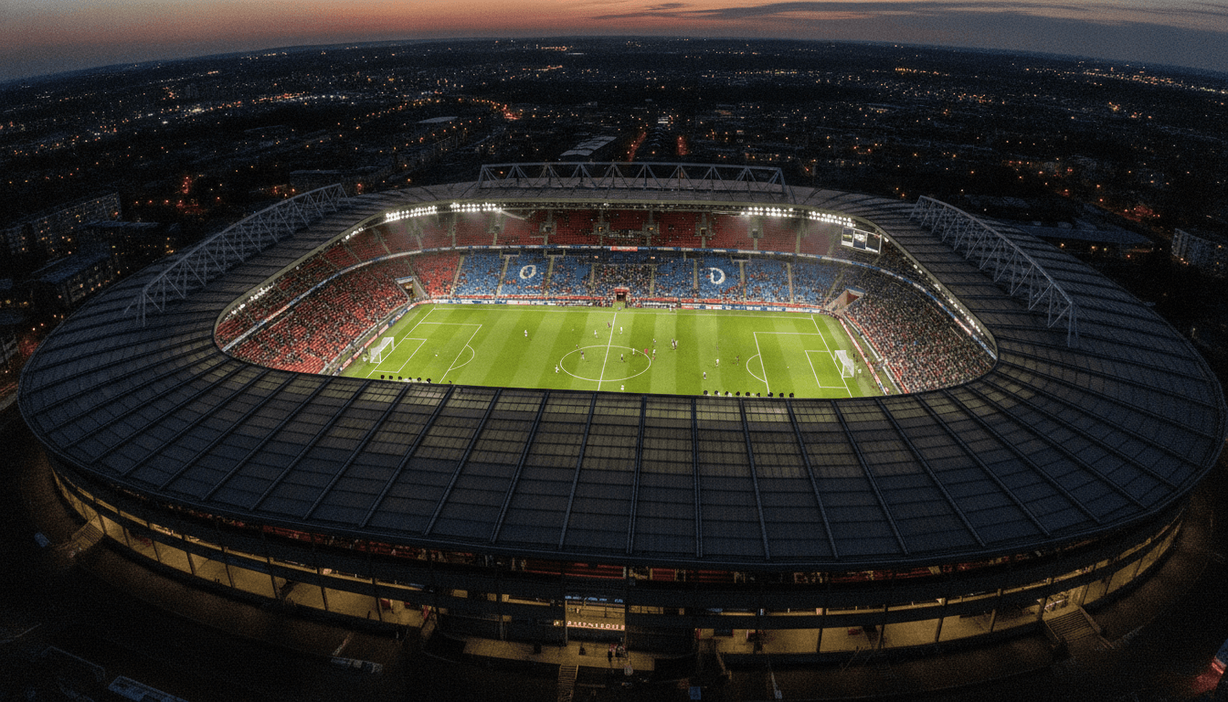 An aerial view of a packed Premier League stadium under floodlights at night, emphasizing the Premier League 26/27 season dates.