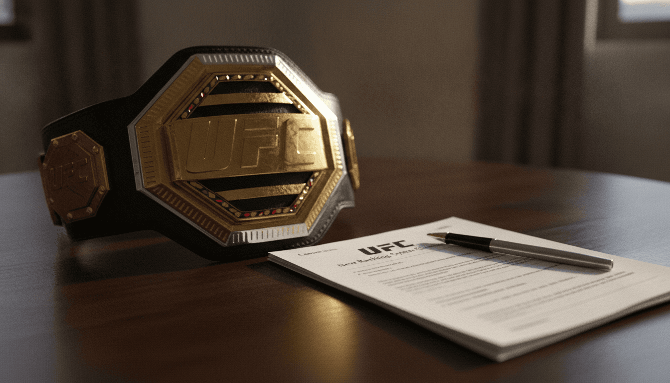 A detailed close-up of a UFC championship belt resting on a polished wooden surface, alongside a stack of official-looking documents titled 'UFC New Rankings System Criteria' and a pen, symbolizing the administrative changes.