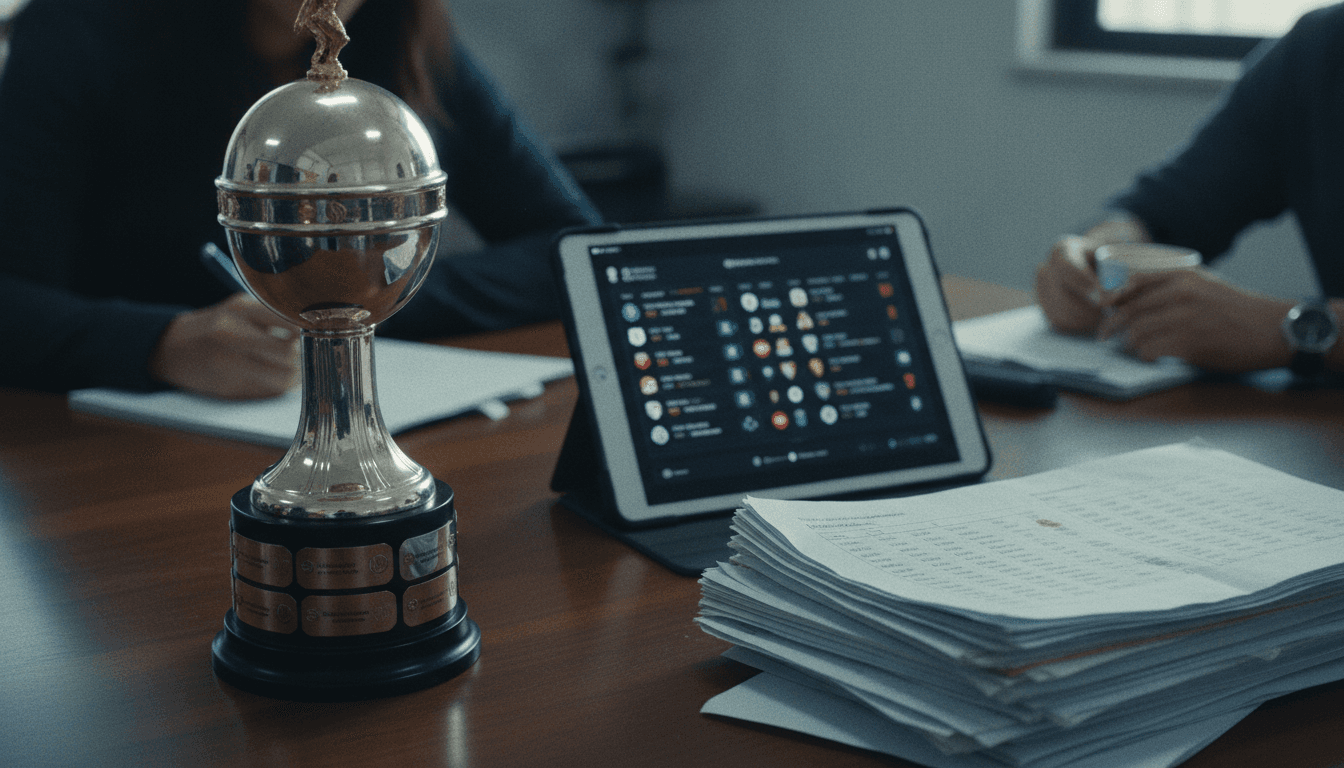 A still life composition featuring a miniature replica of the Libertadores Cup trophy, a stack of printed match fixture lists, and a digital tablet displaying current Libertadores Cup Updates standings.