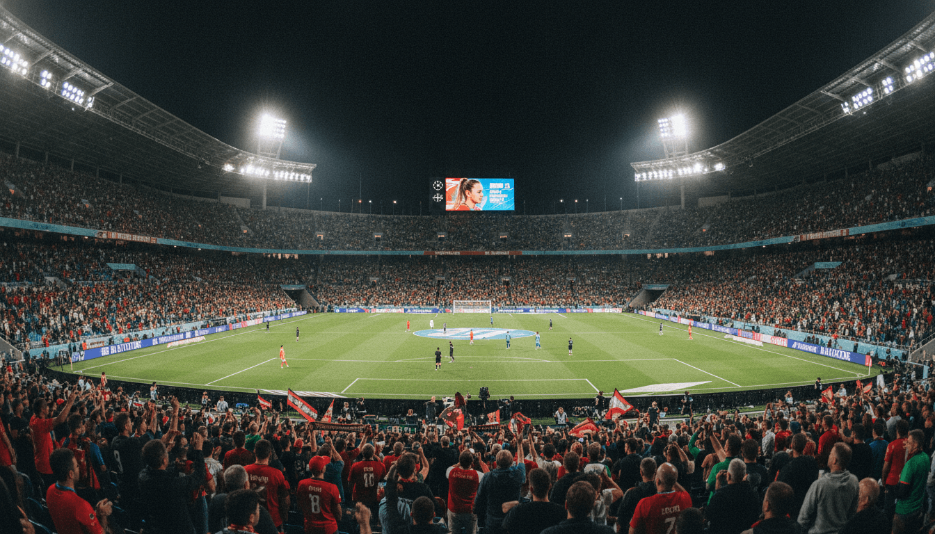 Wide environmental shot of a vibrant football stadium with a packed crowd during a PSL transfer frenzy, highlighting the anticipation and excitement.
