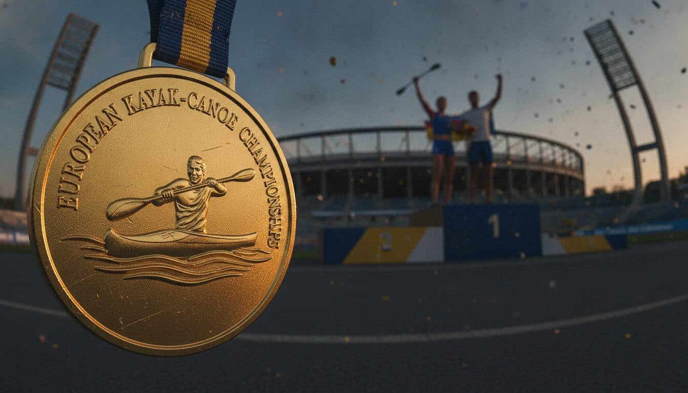 Close-up of a gold medal from the European Kayak-Canoe Championships medal victory, with a blurred background of a winner's podium.