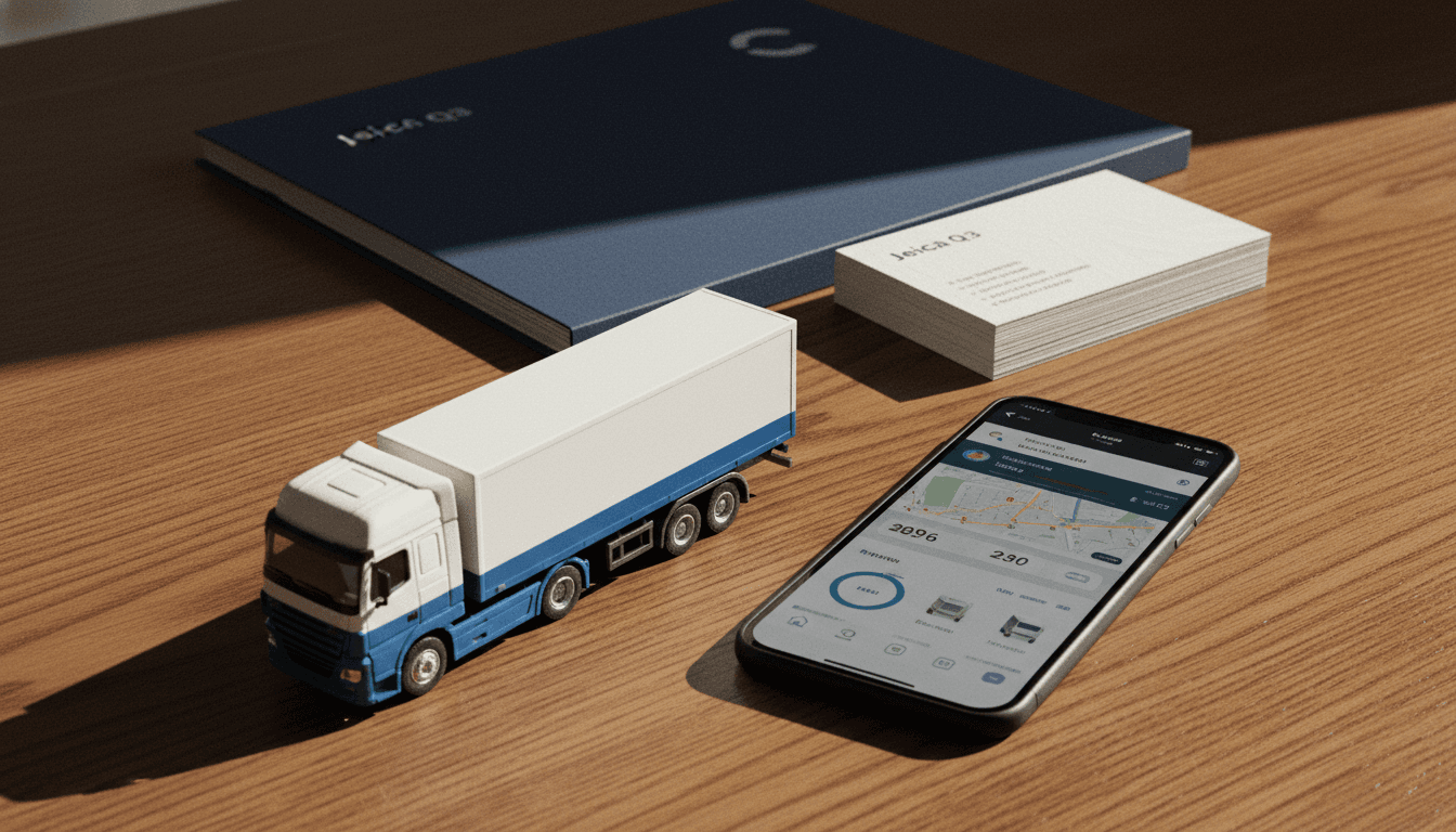 A detailed still life composition featuring a miniature commercial fleet vehicle, a smartphone displaying a telematics app interface, and a stylized Admiral Group logo, symbolizing the Flock acquisition and its impact on digital insurance.