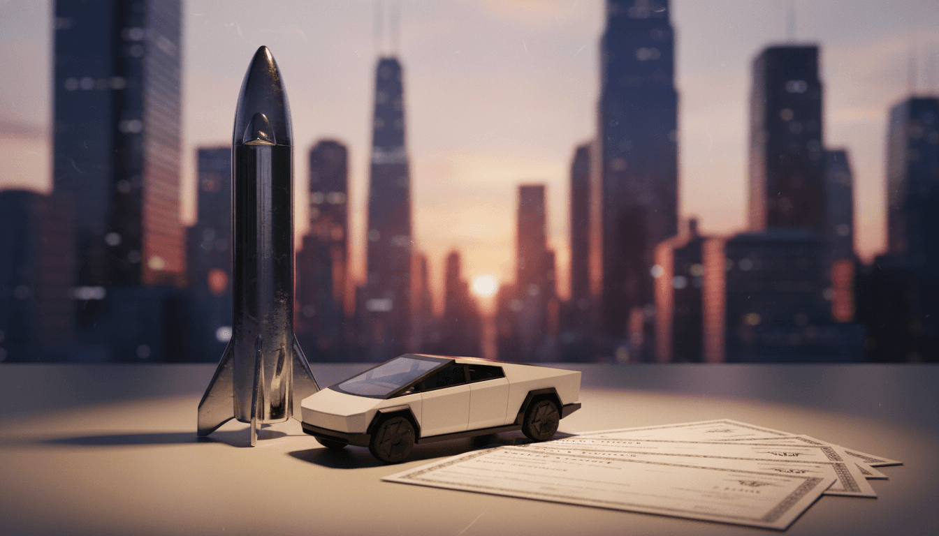 A curated still life of objects representing Elon Musk's net worth: a miniature SpaceX Starship rocket, a Tesla Cybertruck model, and a gold-plated coin with a dollar sign, arranged on a sleek, minimalist table with a faint glow.