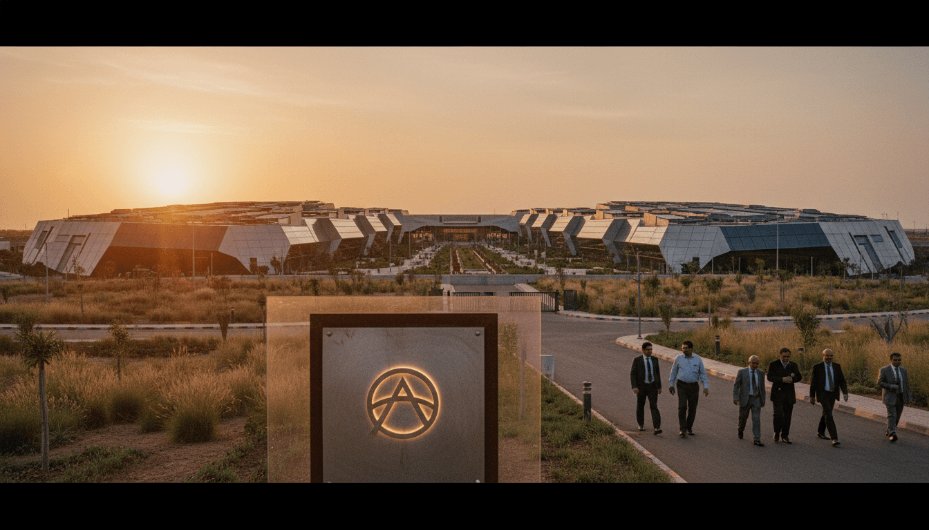 Rendered architectural design of a large-scale AirTrunk Mumbai data center investment project at sunset, with modern, sleek lines and green landscaping.