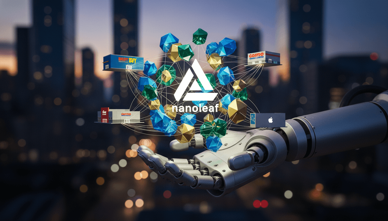 A stylized, glowing Nanoleaf modular light panel integrated into a sleek, futuristic smart home environment, representing the Nanoleaf acquisition.