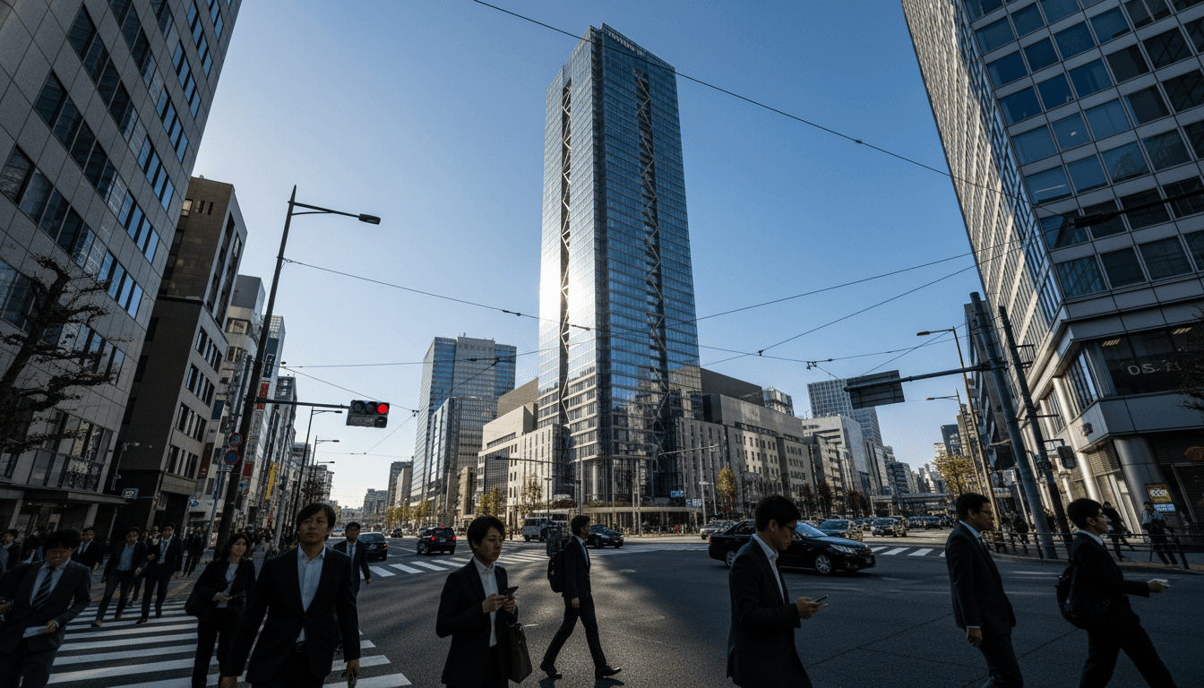 A bustling street view in Tokyo, Japan, with modern high-rise buildings reflecting the financial district. A sleek, minimalist skyscraper, potentially SoftBank's headquarters, stands prominently against a clear blue sky, symbolizing corporate power and innovation. The scene captures the essence of a vibrant economic hub where major financial decisions are made, with a focus on a specific, identifiable architectural landmark.