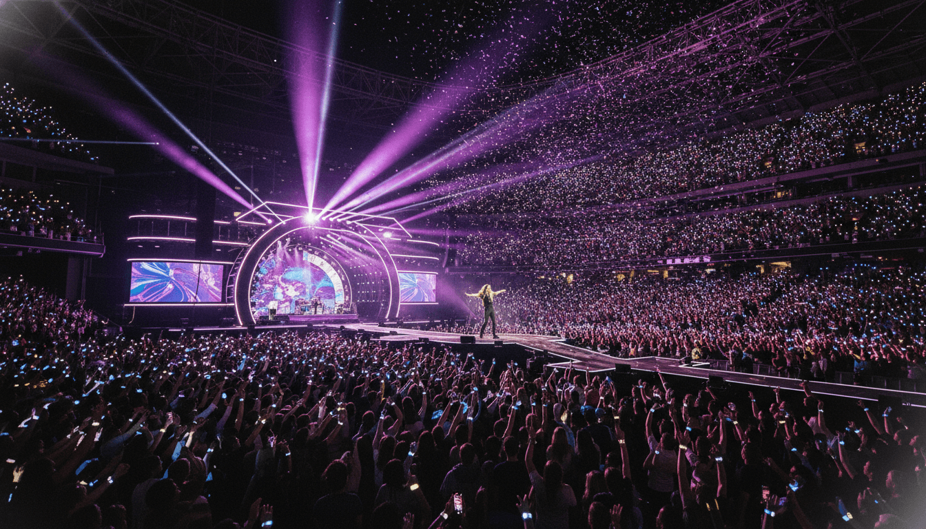 A vibrant concert stage bathed in purple and pink lights, a silhouette of Taylor Swift mid-performance, microphone in hand, symbolizing her immense Taylor Swift net worth.