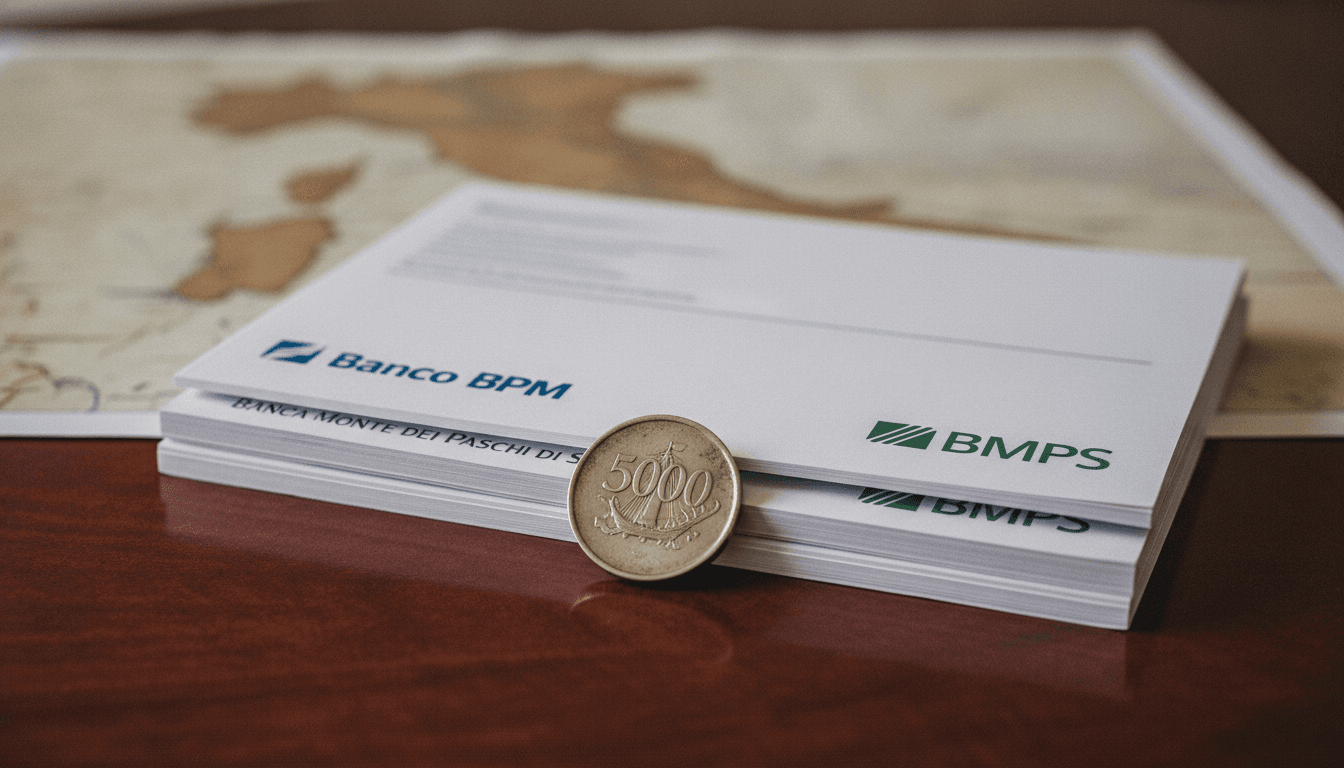 A meticulously arranged still life of documents and objects symbolizing the merger to form Italy's second-biggest bank, featuring a Banco BPM annual report, a Banca Monte dei Paschi di Siena corporate brochure, and a small, antique Italian coin representing heritage, all artfully placed on a polished mahogany desk.