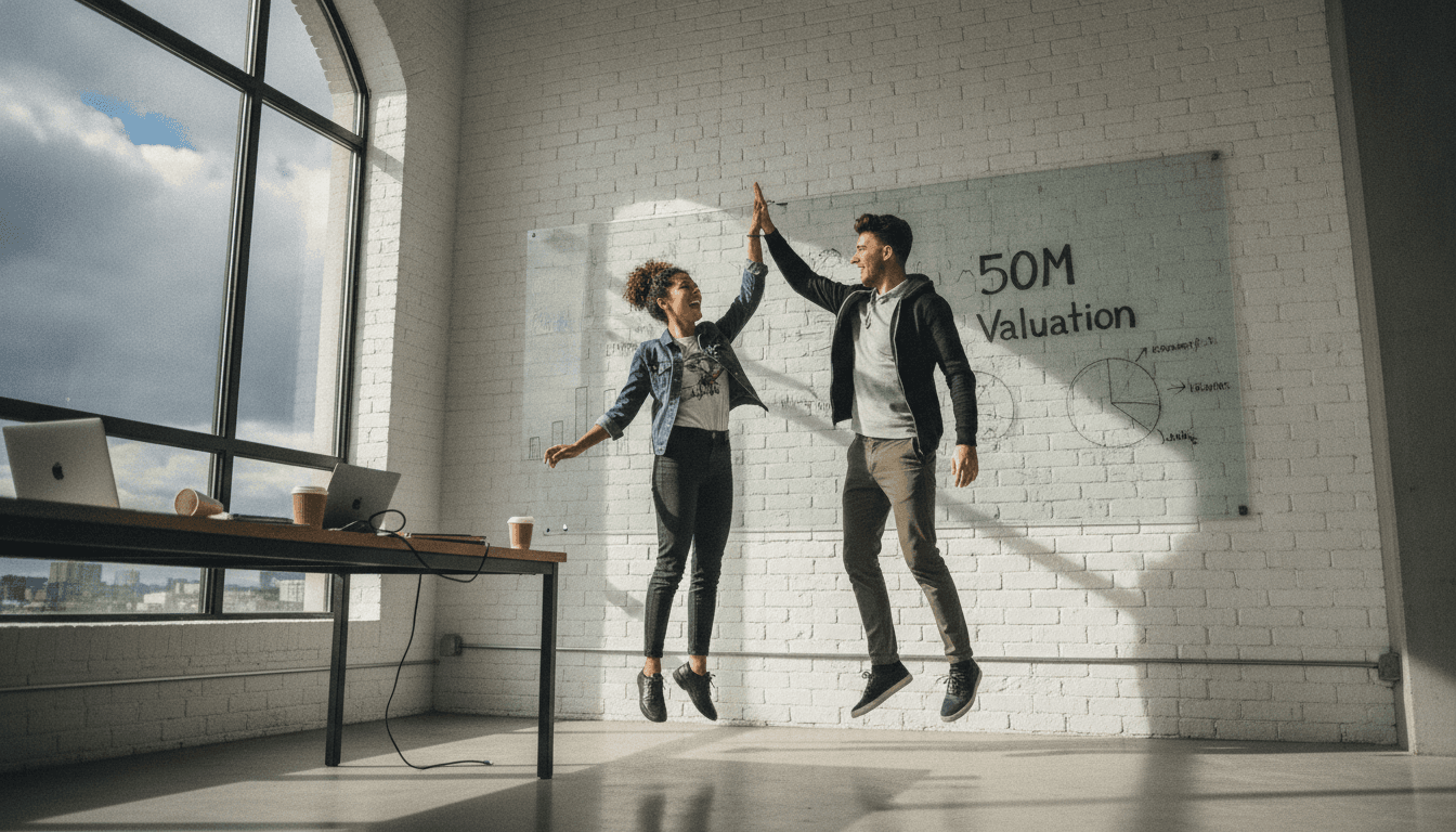 Two young college founders built, celebrating their double Shark Deal, standing next to a whiteboard with '50M Valuation' written on it.