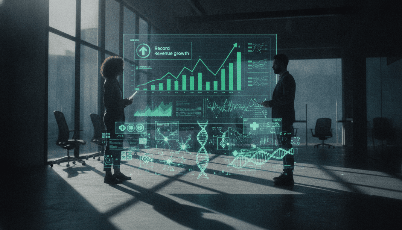 A digital representation of a growth chart showing an upward trend, with 'record revenue growth' highlighted, against a backdrop of AI-driven healthcare elements.