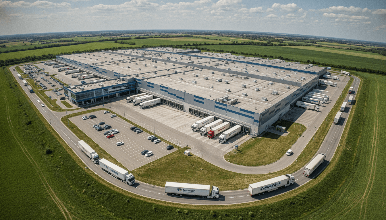 Aerial view of a sprawling Sigma Healthcare distribution center, with trucks loading and unloading, representing the logistical backbone of Australian Billionaires’ Sigma Healthcare's operations.