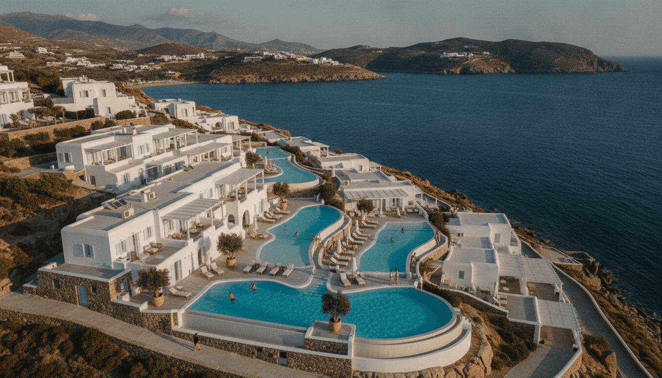 An aerial view of the Mykonos luxury resort under construction, showcasing its multiple pools and villas spread across the Greek island landscape.