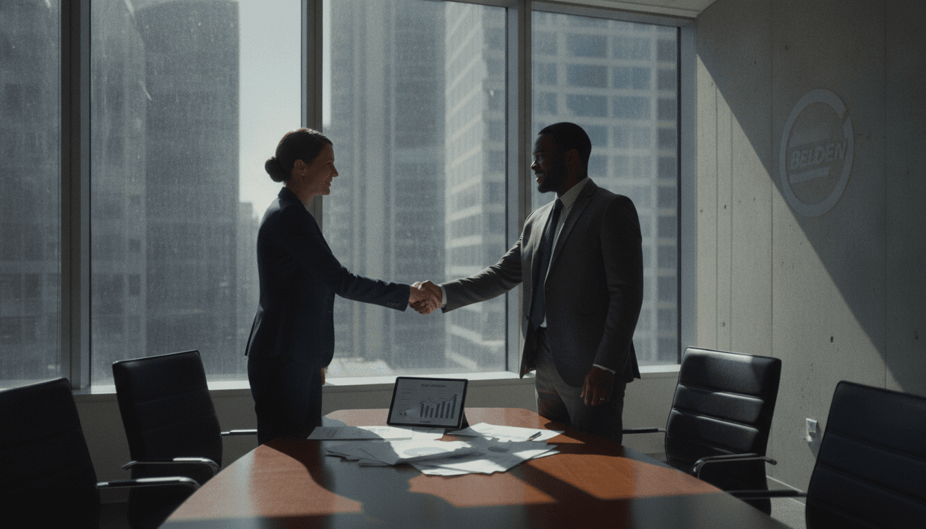 A financial deal being finalized, with a Belden executive shaking hands over a table with documents and a digital display showing 'Belden secures $1.85 billion term loan' in a modern office.