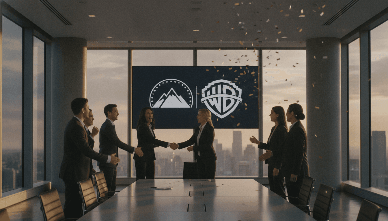 A stylized graphic depicting the logos of Paramount and Warner Bros Discovery merging, symbolizing the Paramount-Warner Bros merger.