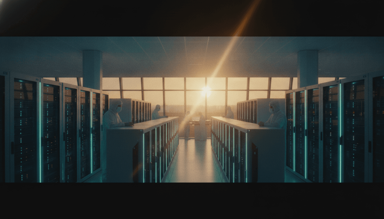 A futuristic data center with glowing servers, representing the scale of Mistral AI multi-billion funding and its impact on AI infrastructure.