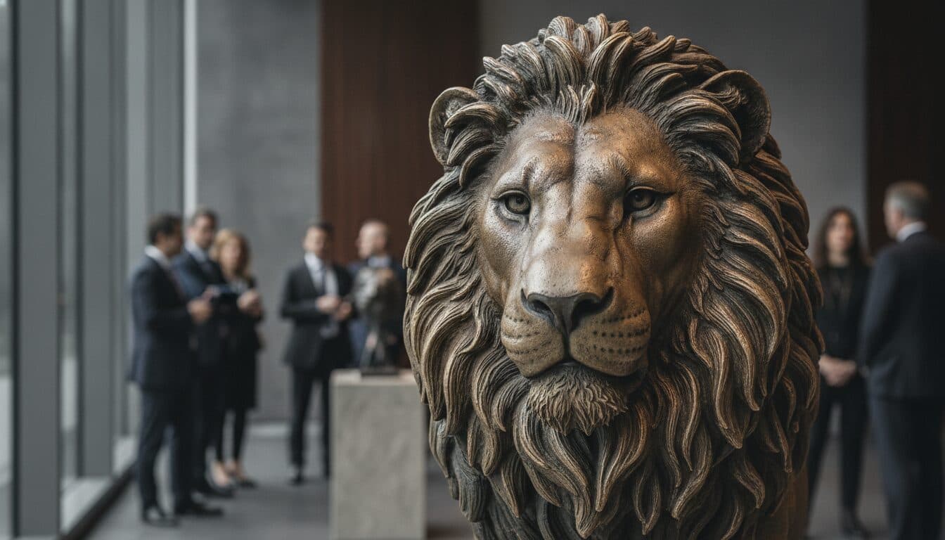 A close-up detail of a bronze statue of a powerful African lion, symbolizing the strength and triumph of an African billionaire.