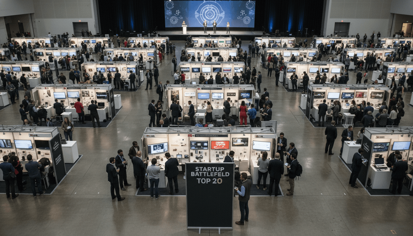 An aerial view of a bustling tech conference floor with numerous startup demo booths, highlighting the Startup Battlefield Top 20 section.