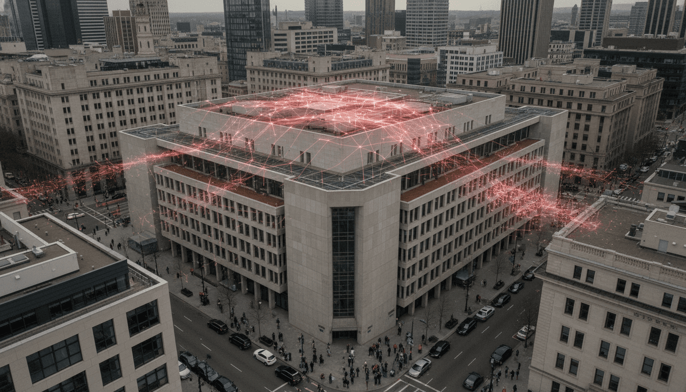 An aerial view of a secure government building, symbolizing the Afghanistan Finance Ministry, with a digital overlay representing the cyber threat from Pakistan-linked SideCopy.