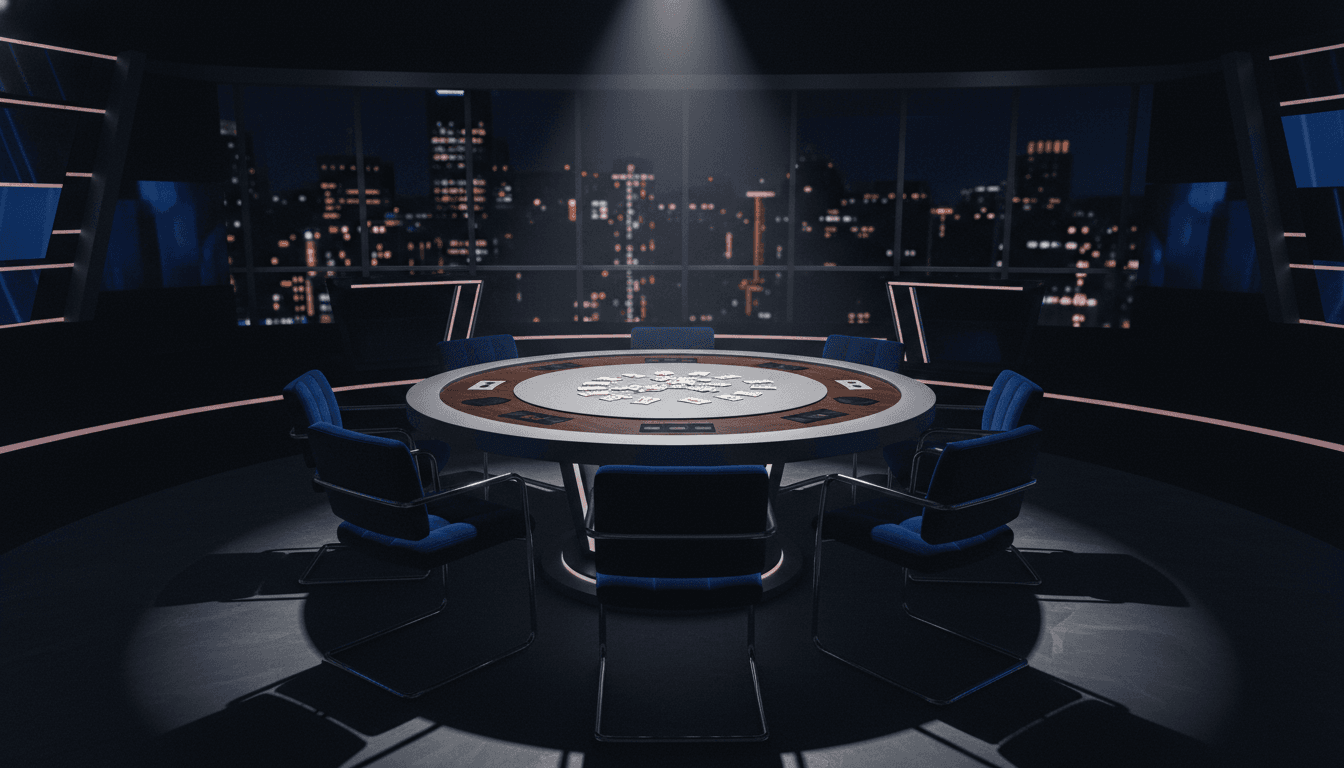 Sam Altman and Palmer Luckey engaged in a card game on the set of 'Founders Fund launches tech elite game show', moderated by Mike Solana.